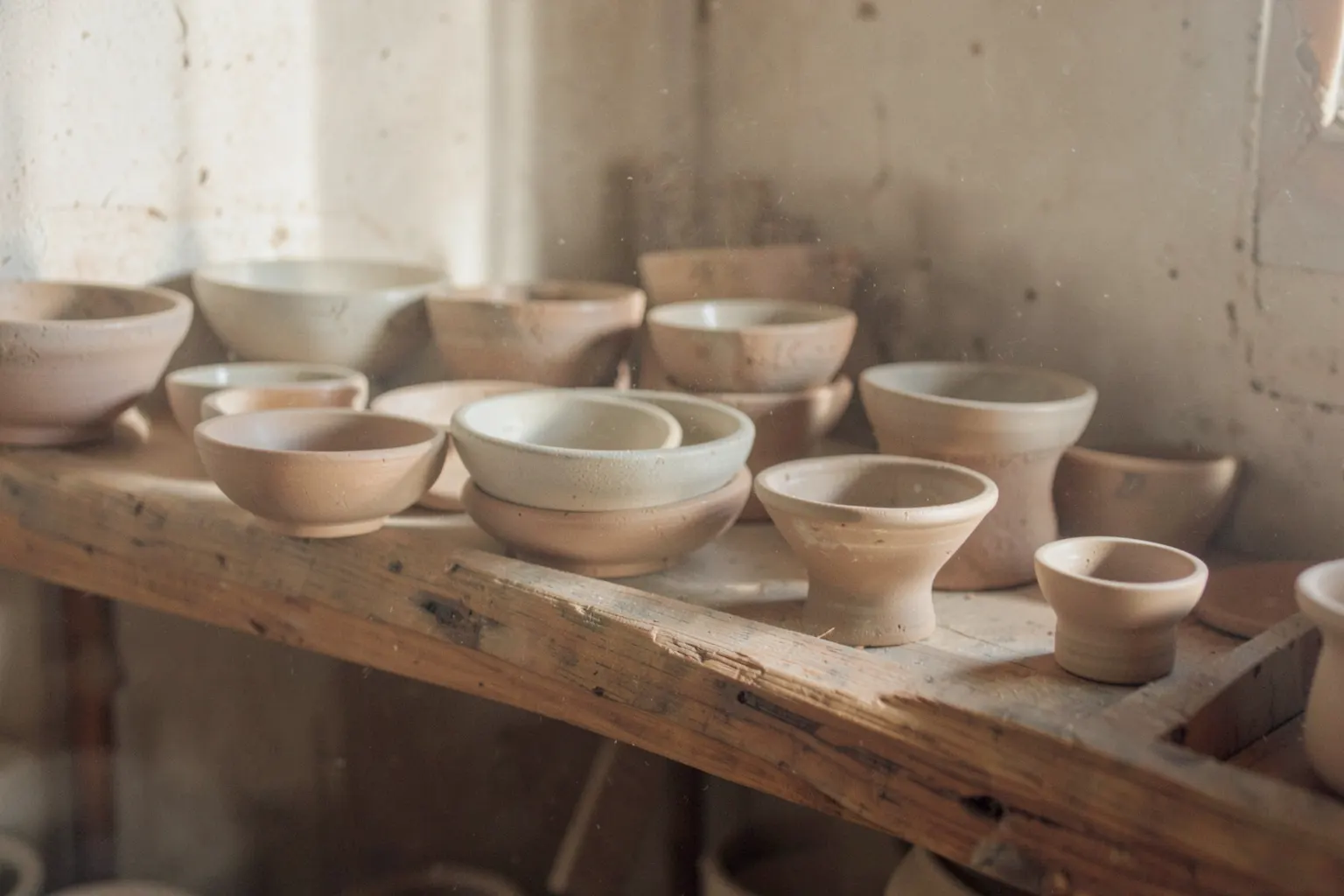 Unglazed bowls drying on a shelf