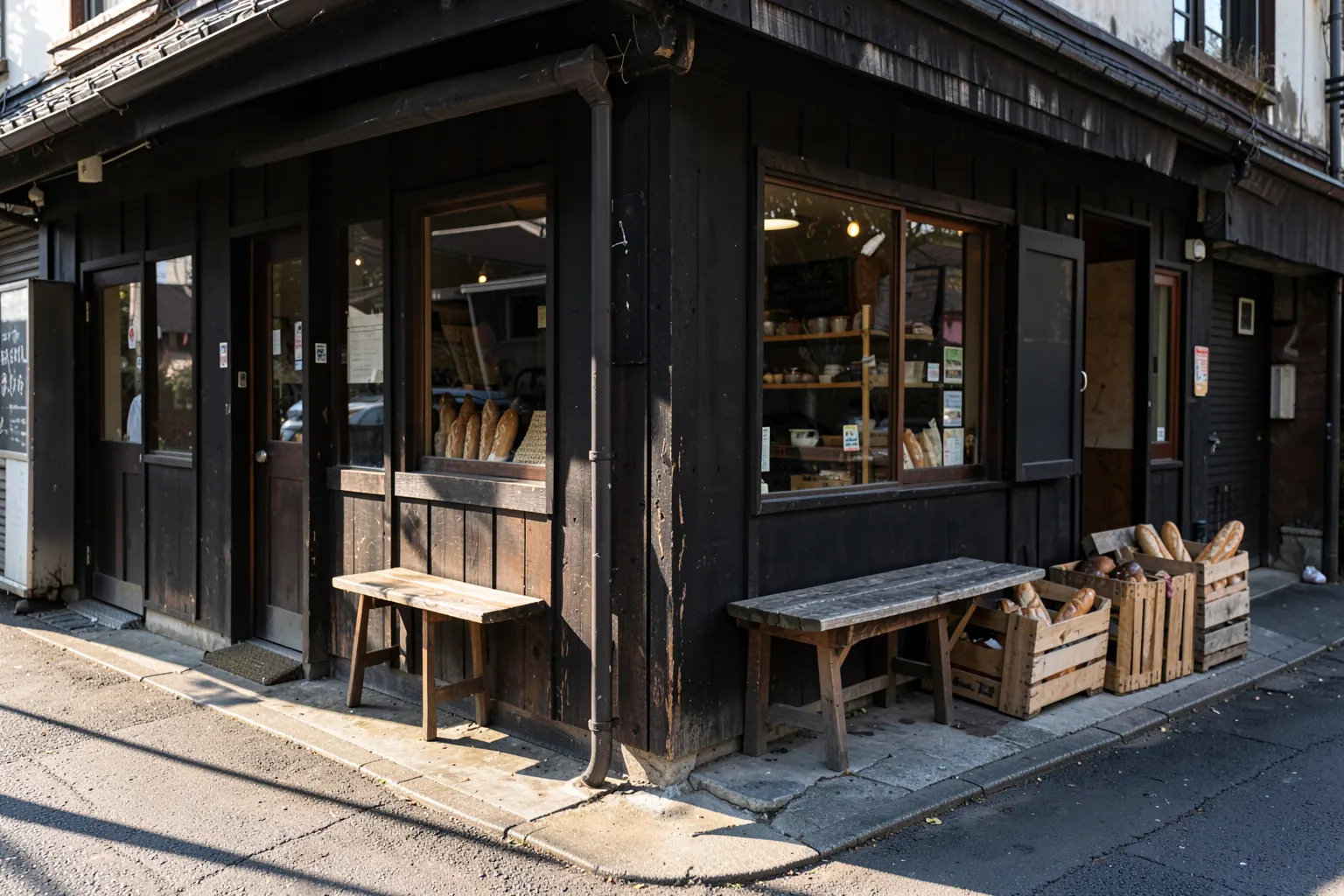 The bakery on its corner, crates of bread by the door